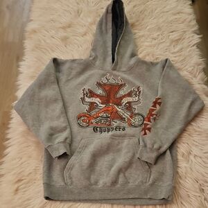 Y2K Top Heavy Choppers Hoodie – Glitter Graphic Motorcycle Pullover – Size L (J)